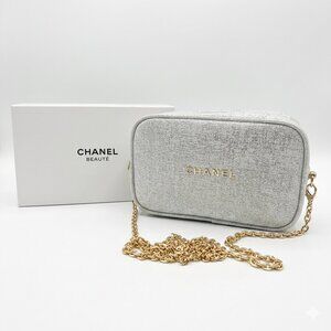 *Chanel Beauté White Gold Denim-Look Cosmetic Pouch with Zipper & Strap NWT2